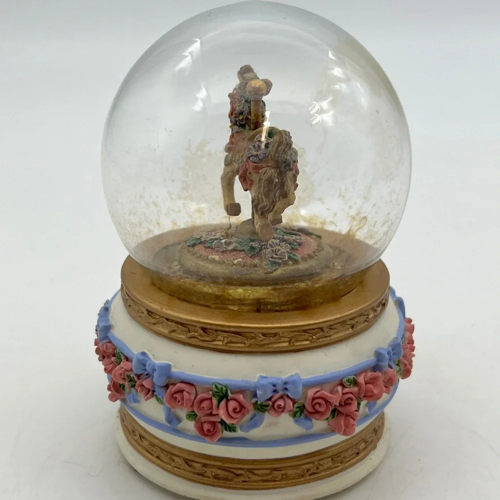 San Francisco Music Box Company Carousel Horse Snow Globe Floral Rose Vintage